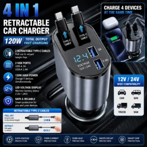 4 In 1 120W Retractable Car Charger